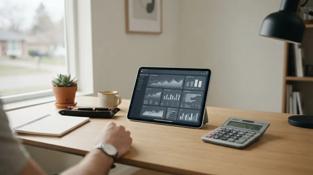 Arbeitsplatz mit Tablet und Taschenrechner für Sportwetten-Analyse