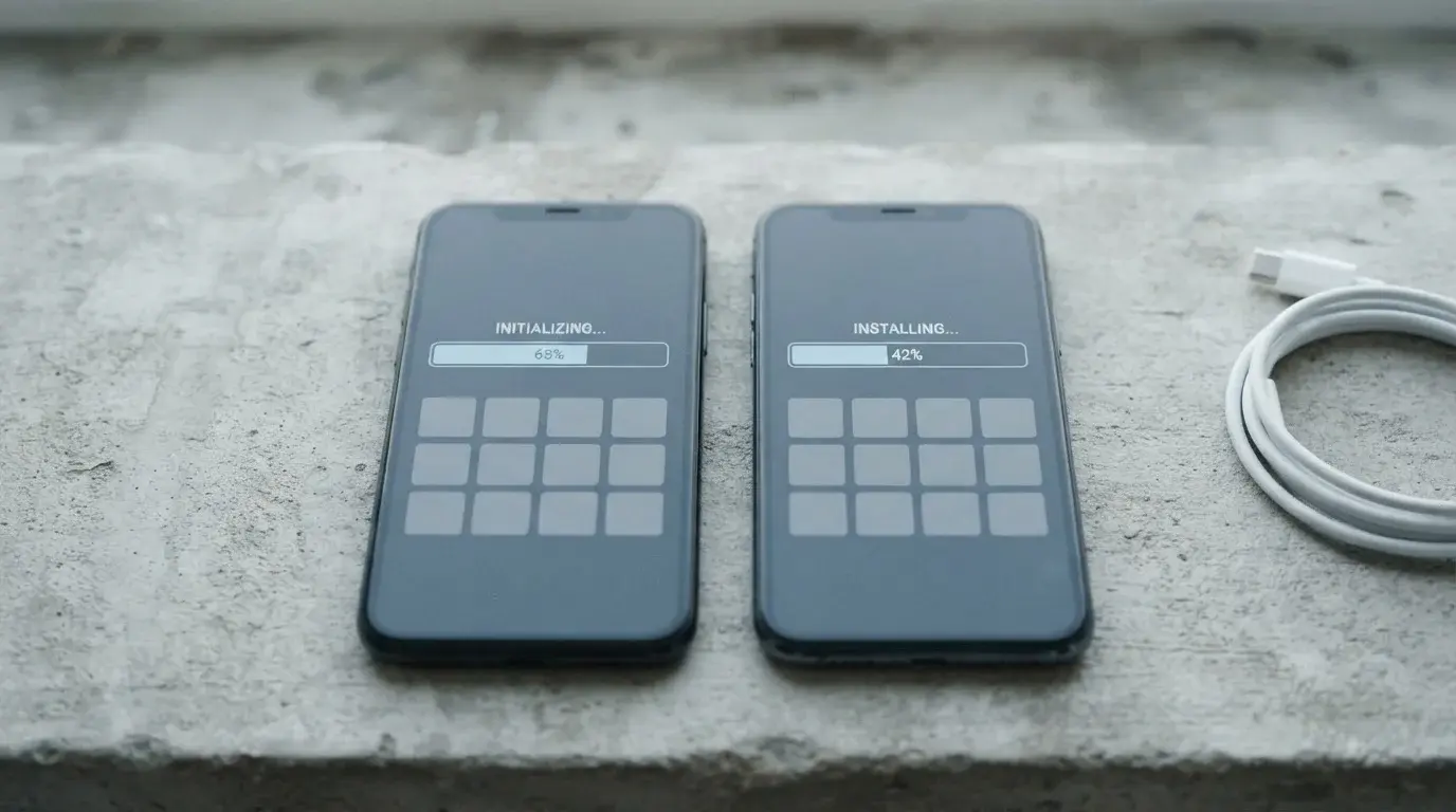 Zwei Smartphones nebeneinander mit leeren Installationsbildschirmen
