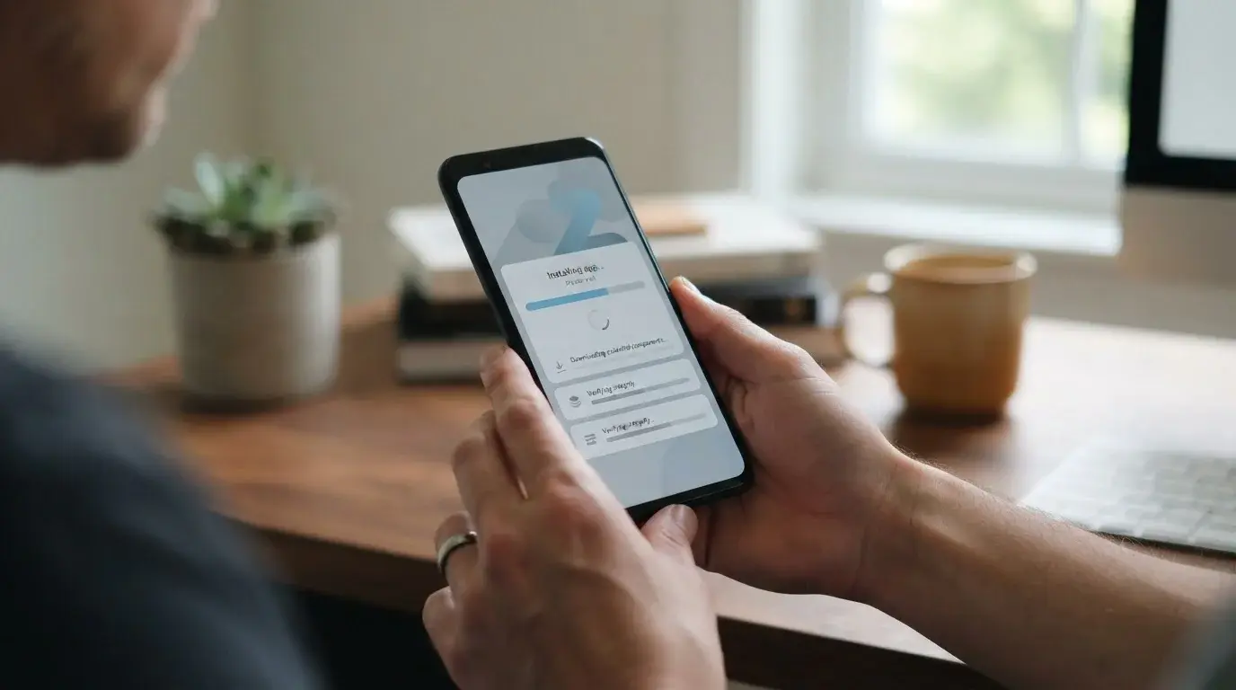 Hand hält Smartphone während der App-Installation über neutrales Interface