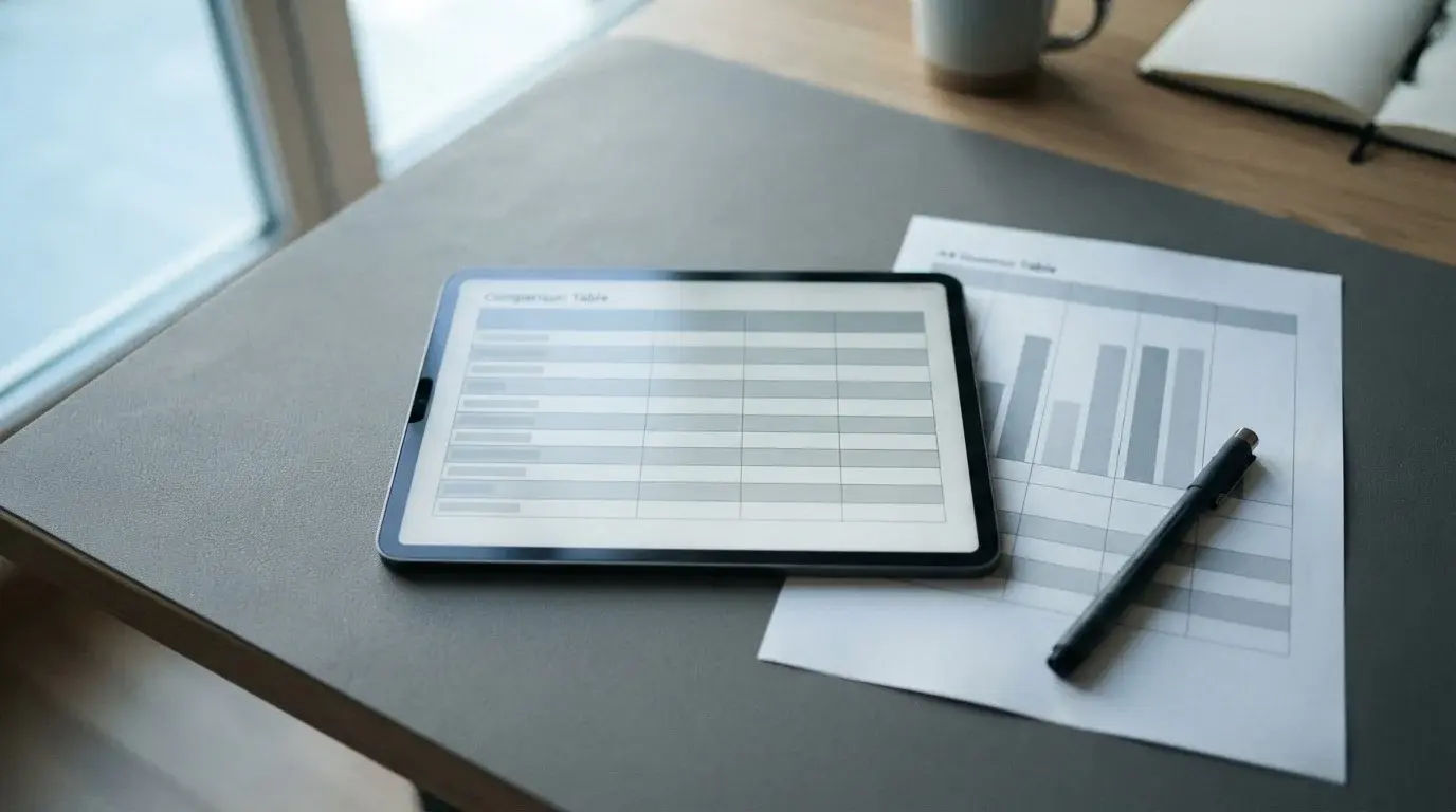 Vergleichstabelle auf einem Tablet mit anonymen Zeilen und Spalten