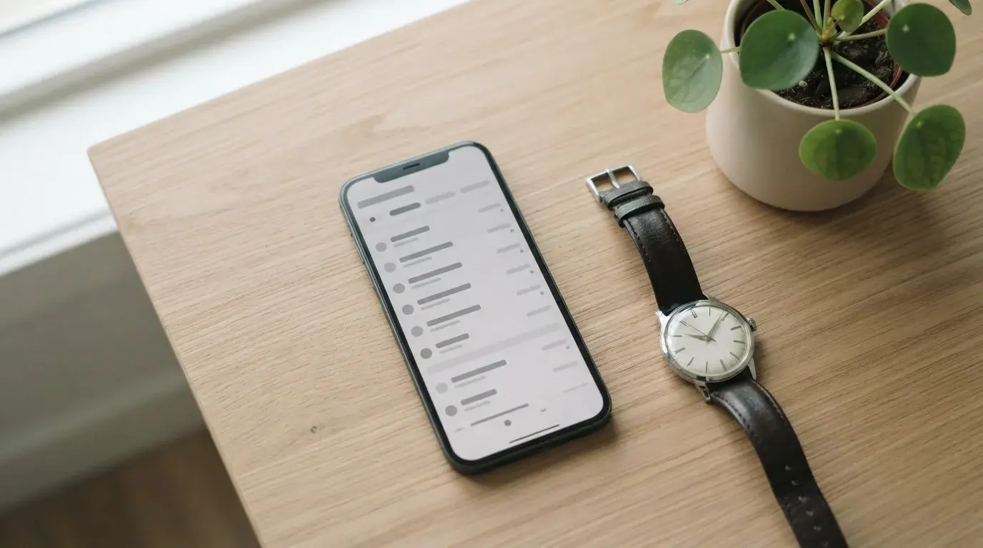 Smartphone mit abstrakter Transaktionsübersicht neben einer Armbanduhr