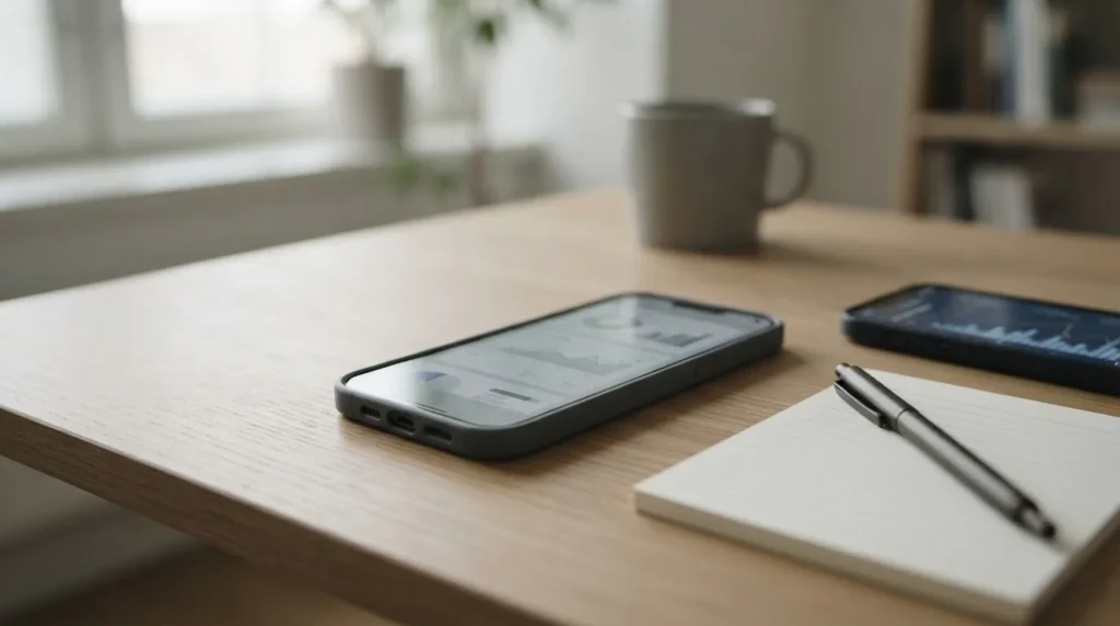 Smartphone mit abstrakten App-Interfaces auf einem Schreibtisch neben Notizblock