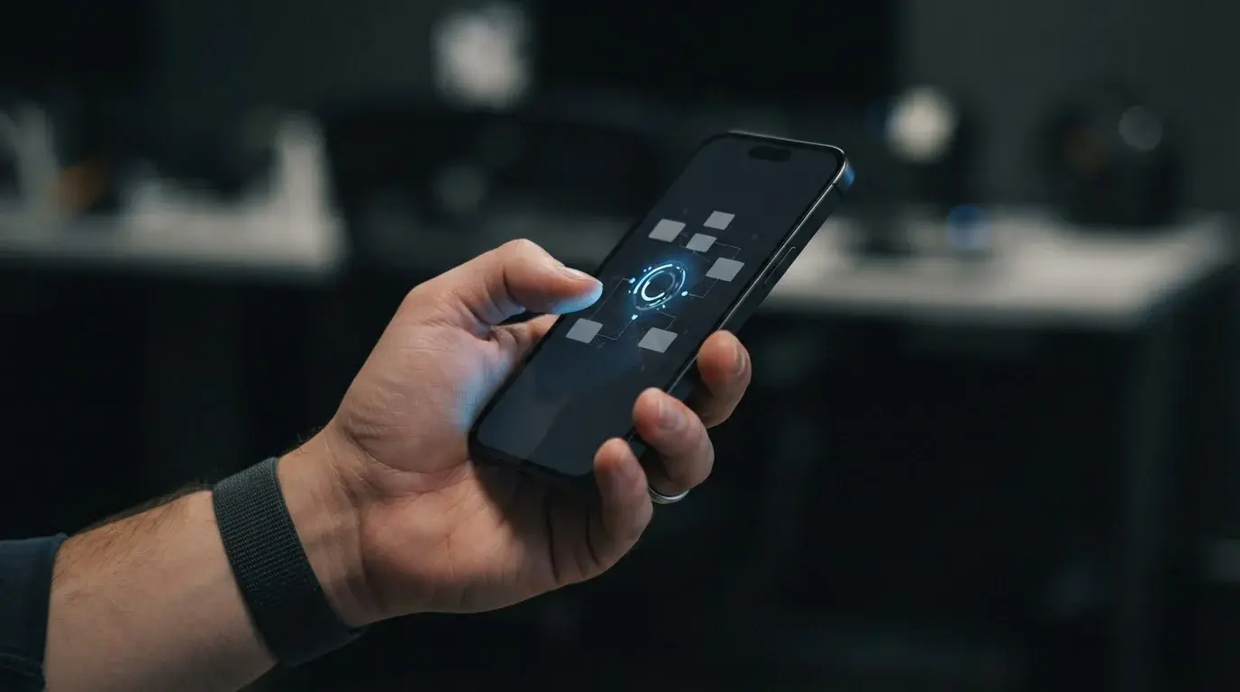 Smartphone zeigt abstrakte Krypto-Transaktion mit Zeitangabe und Statusanzeige
