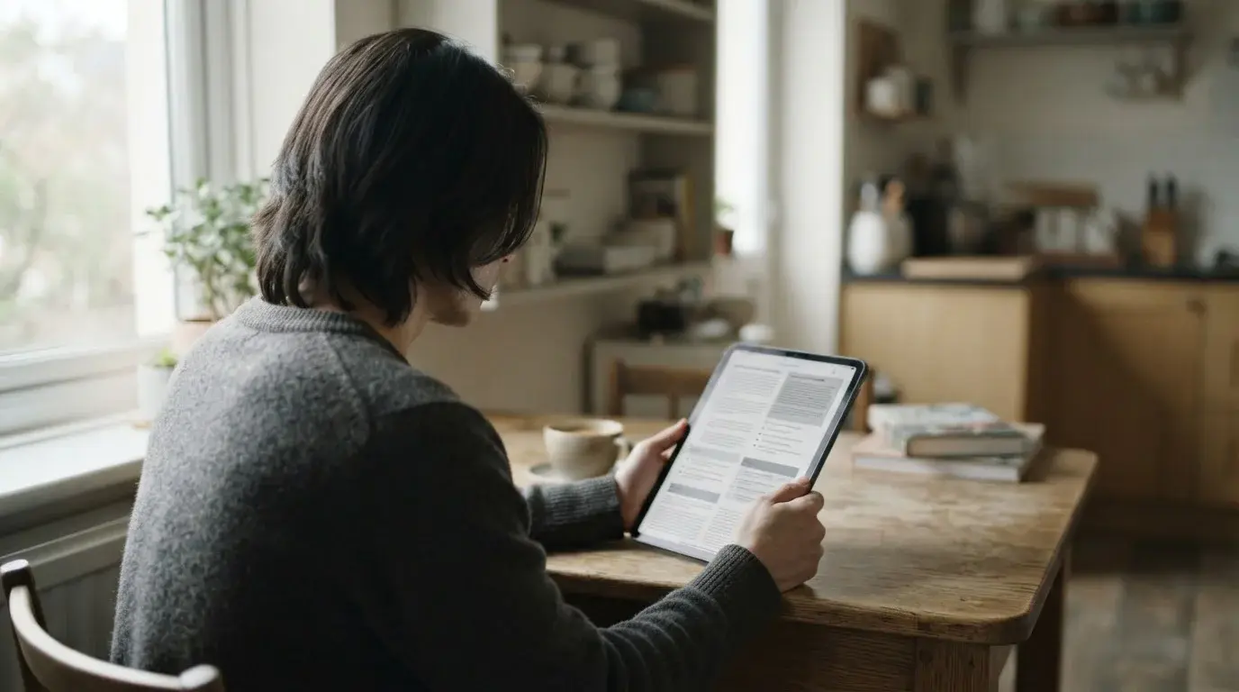 Person liest Bonusbedingungen auf einem Tablet-Bildschirm