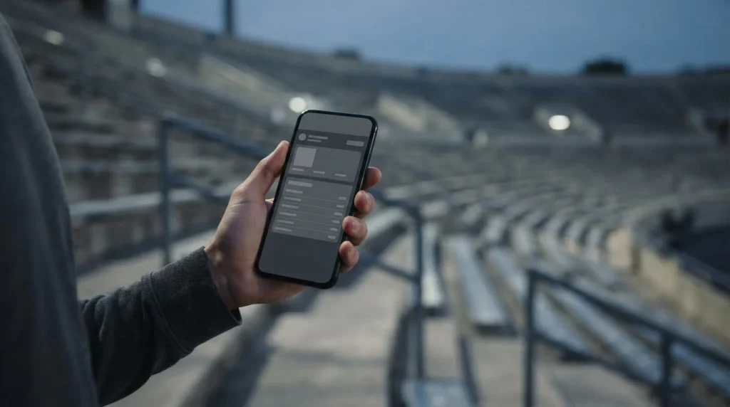 Hand hält Smartphone mit neutraler App-Oberfläche vor unscharfem Stadion-Hintergrund