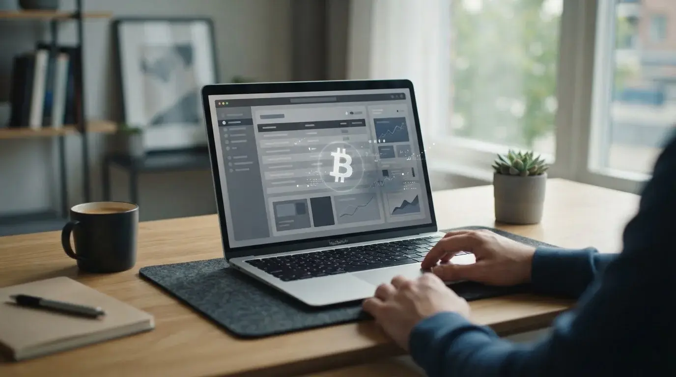 Laptop mit abstrakter Wettplattform und Bitcoin-Symbol auf neutralem Schreibtisch