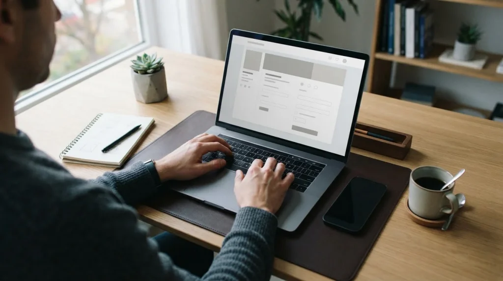Person nutzt Neteller für Online-Wetten am Laptop in neutraler Umgebung