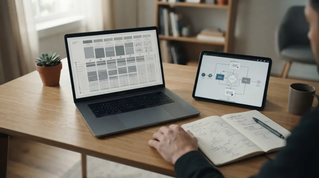 Professioneller Arbeitsplatz mit Laptop und Recherchematerialien für den Vergleich von Wettanbietern mit Visa-Zahlung