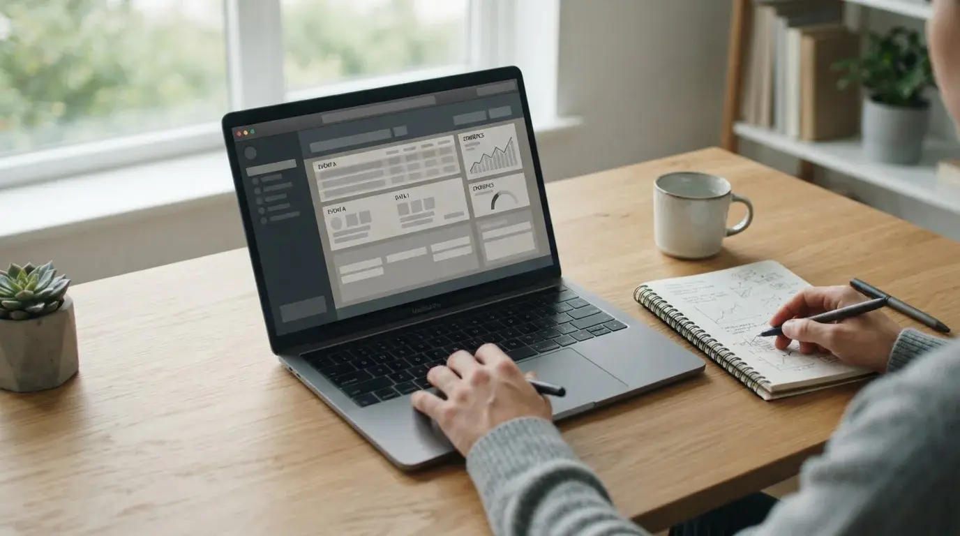 Laptop mit abstraktem Wettanbieter-Interface und Notizen auf neutralem Schreibtisch