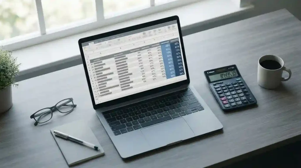 Desktop mit leerem Taschenrechner und neutralen Vergleichstabellen zu Wettanbietern