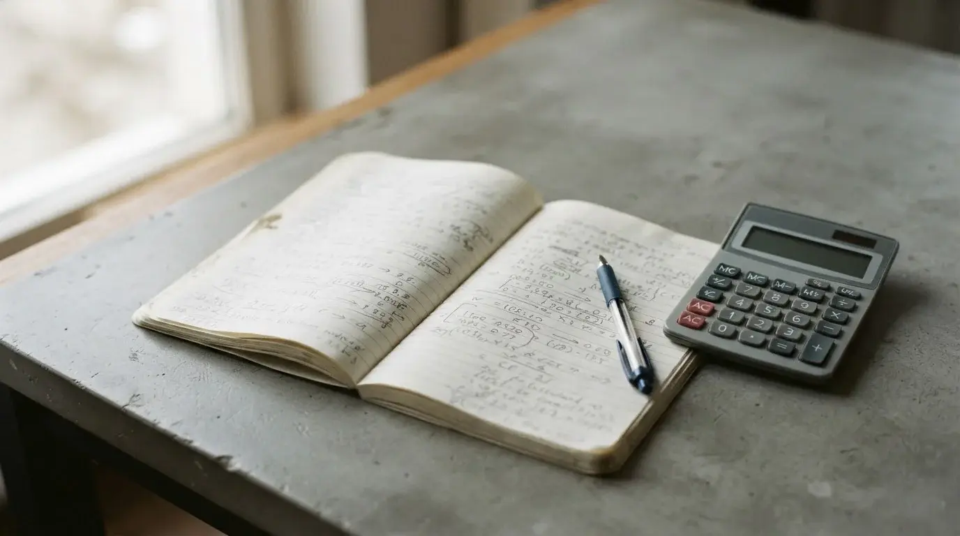 Taschenrechner und Notizblock mit handschriftlicher Berechnung