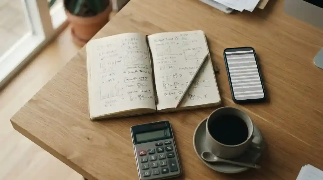 Notizbuch mit handschriftlichen Berechnungen neben Smartphone auf Holztisch