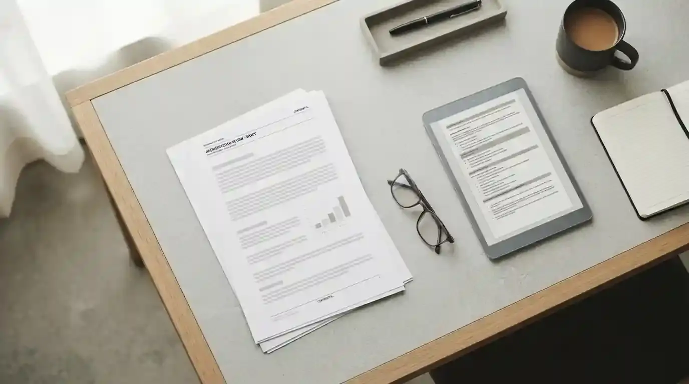 Dokument mit Paragraphenstruktur liegt auf Schreibtisch neben Tablet