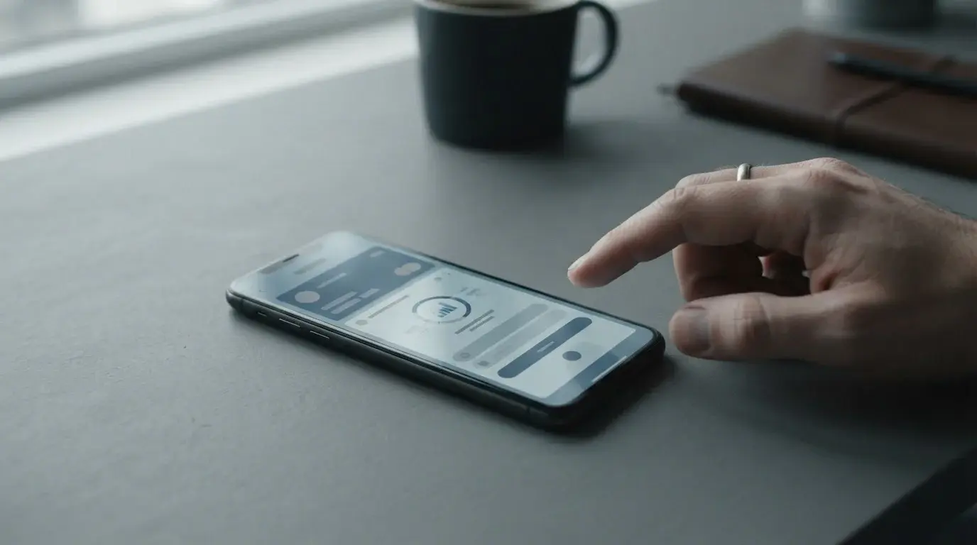Smartphone mit abstraktem Zahlungsbildschirm auf Schreibtisch