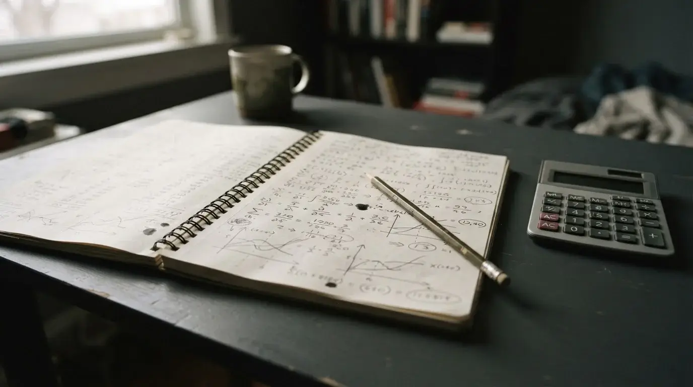 Notizbuch mit handschriftlicher Rechnung neben einem Taschenrechner