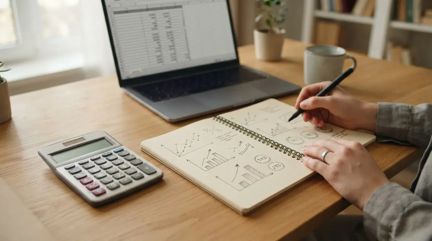 Taschenrechner und Notizen zeigen analytische Arbeit an Wettmargen