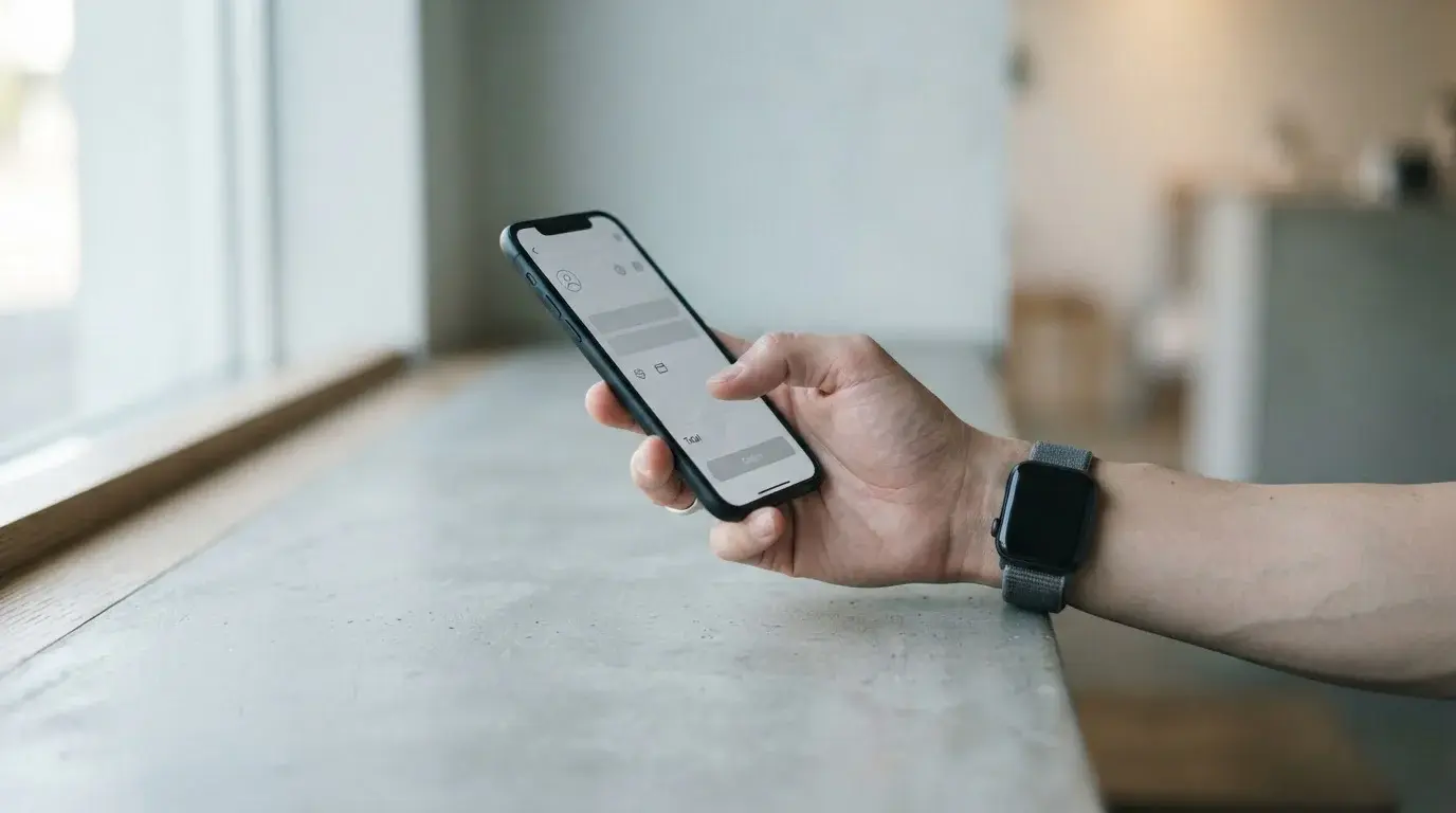 Hand hält Smartphone mit neutralem Zahlungsbildschirm neben Smartwatch