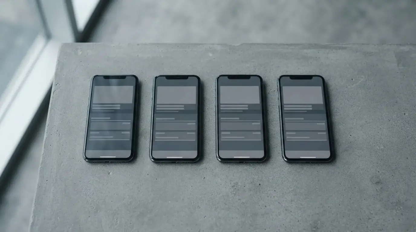 Mehrere Smartphones nebeneinander auf grauem Tisch mit neutralen App-Oberflächen