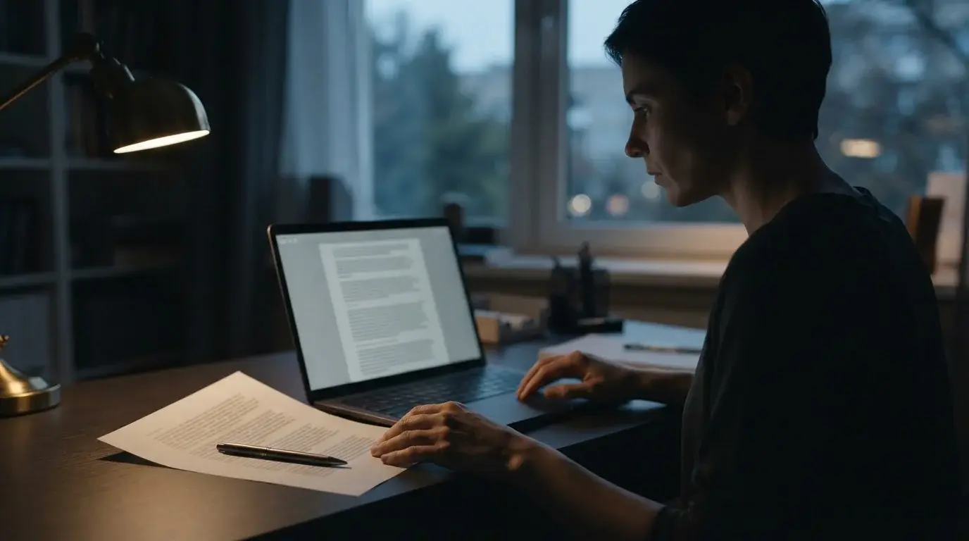Person liest aufmerksam die Nutzungsbedingungen auf einem Laptop