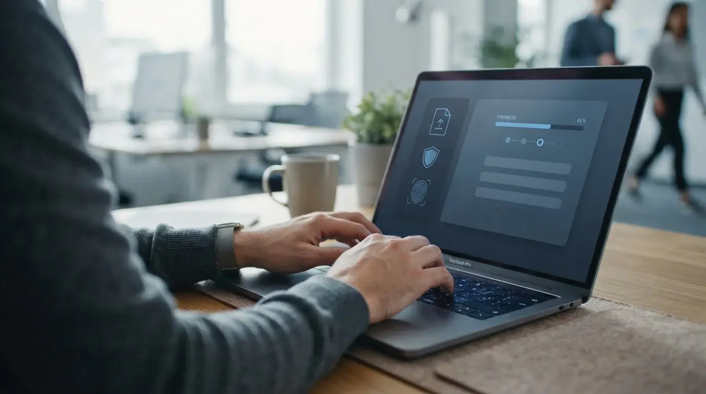 Hände an Laptop-Tastatur während des digitalen Verifizierungsprozesses