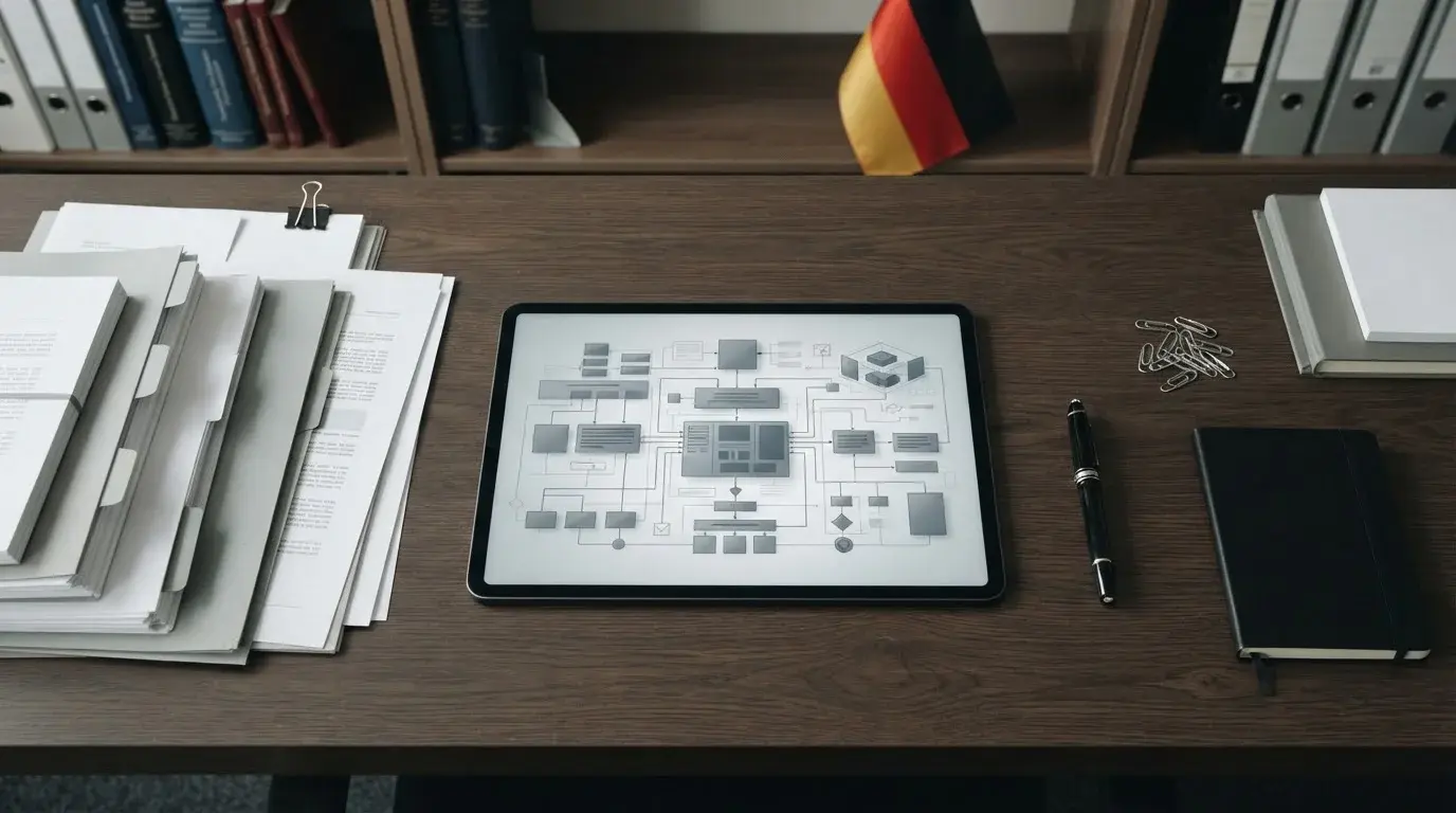 Dokumente und Tablet mit deutschen Glücksspielvorschriften in neutraler Umgebung