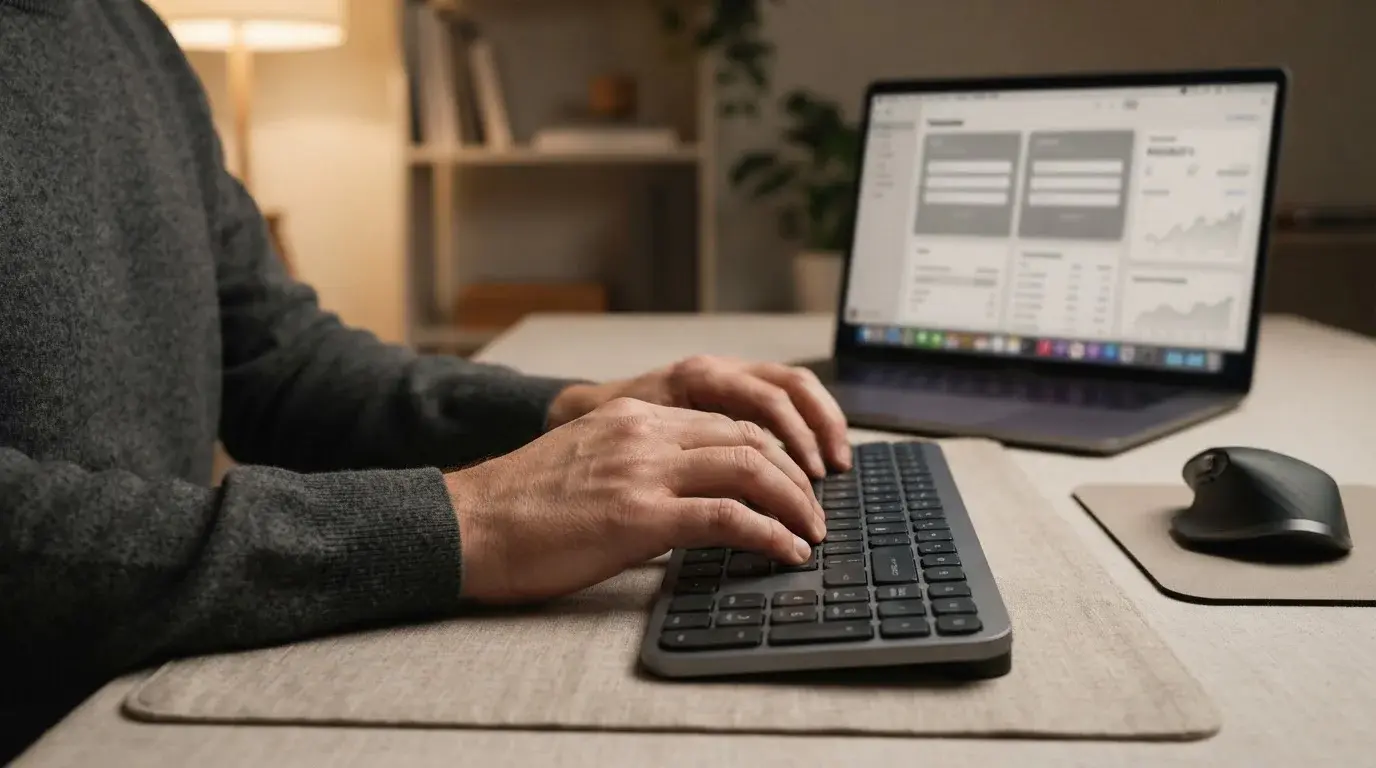 Nahaufnahme Hände an Tastatur während digitaler Zahlungstransaktion