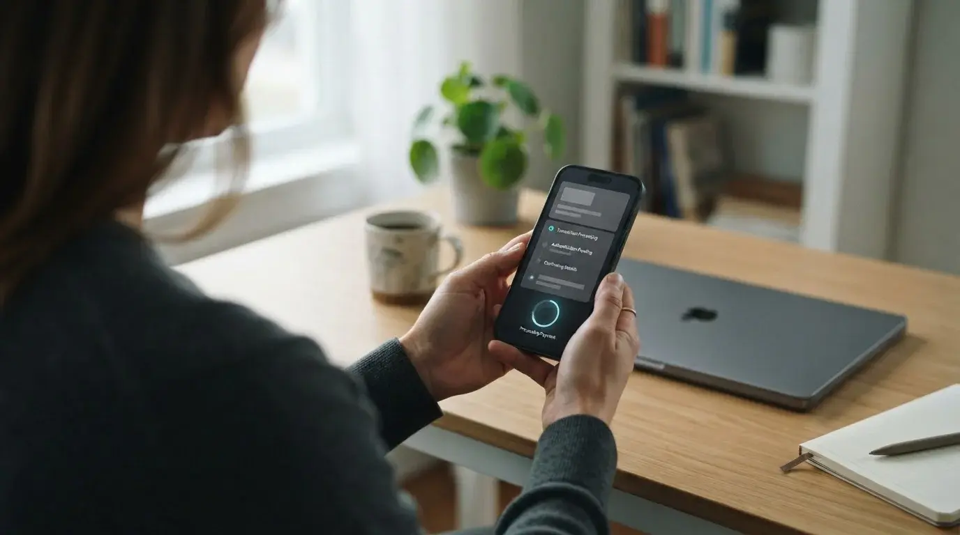 Person bei sicherer Online-Zahlung über Banking-App auf dem Smartphone