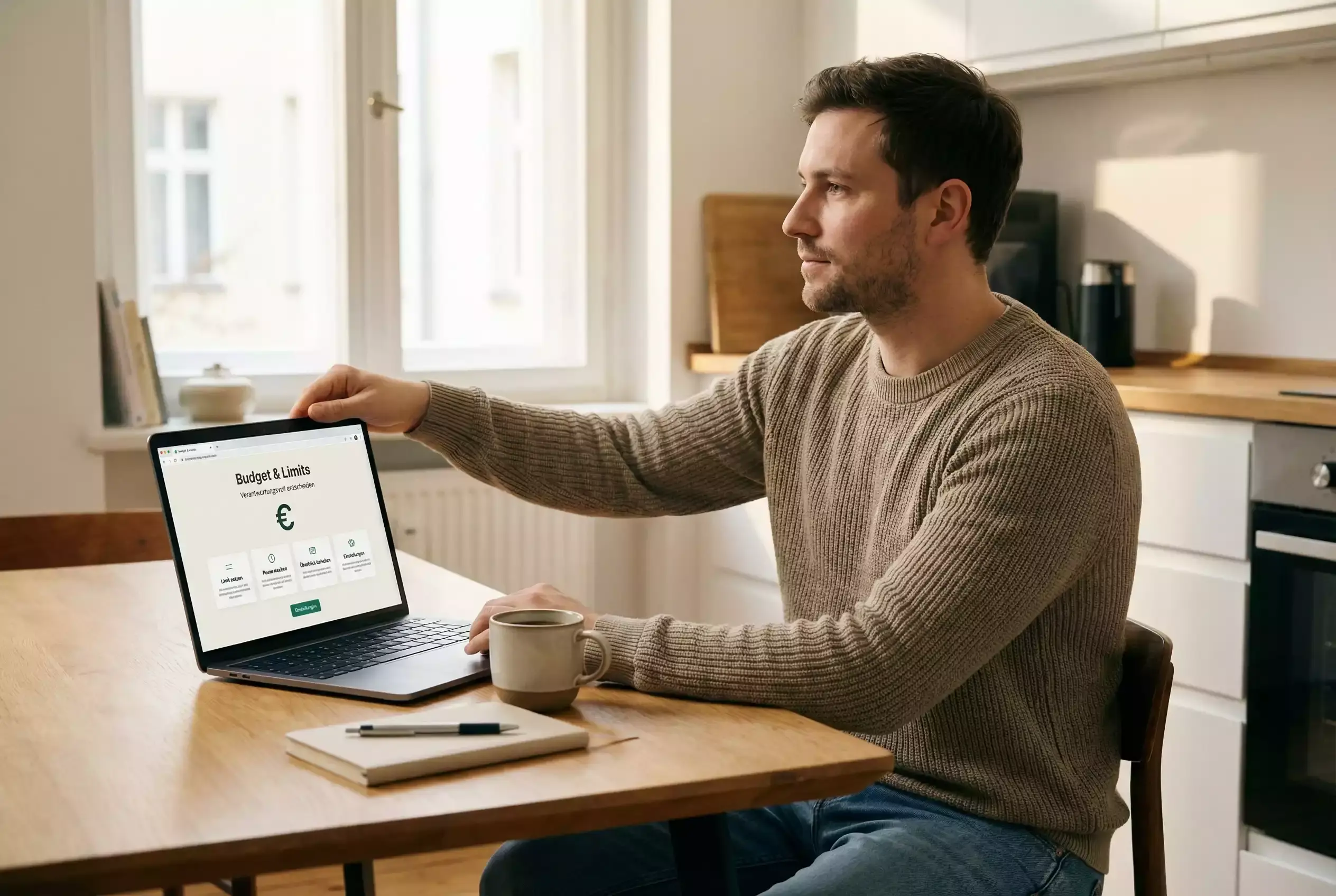 Person hält inne vor einem Laptop und denkt nach, symbolisch für verantwortungsvolles Spielen