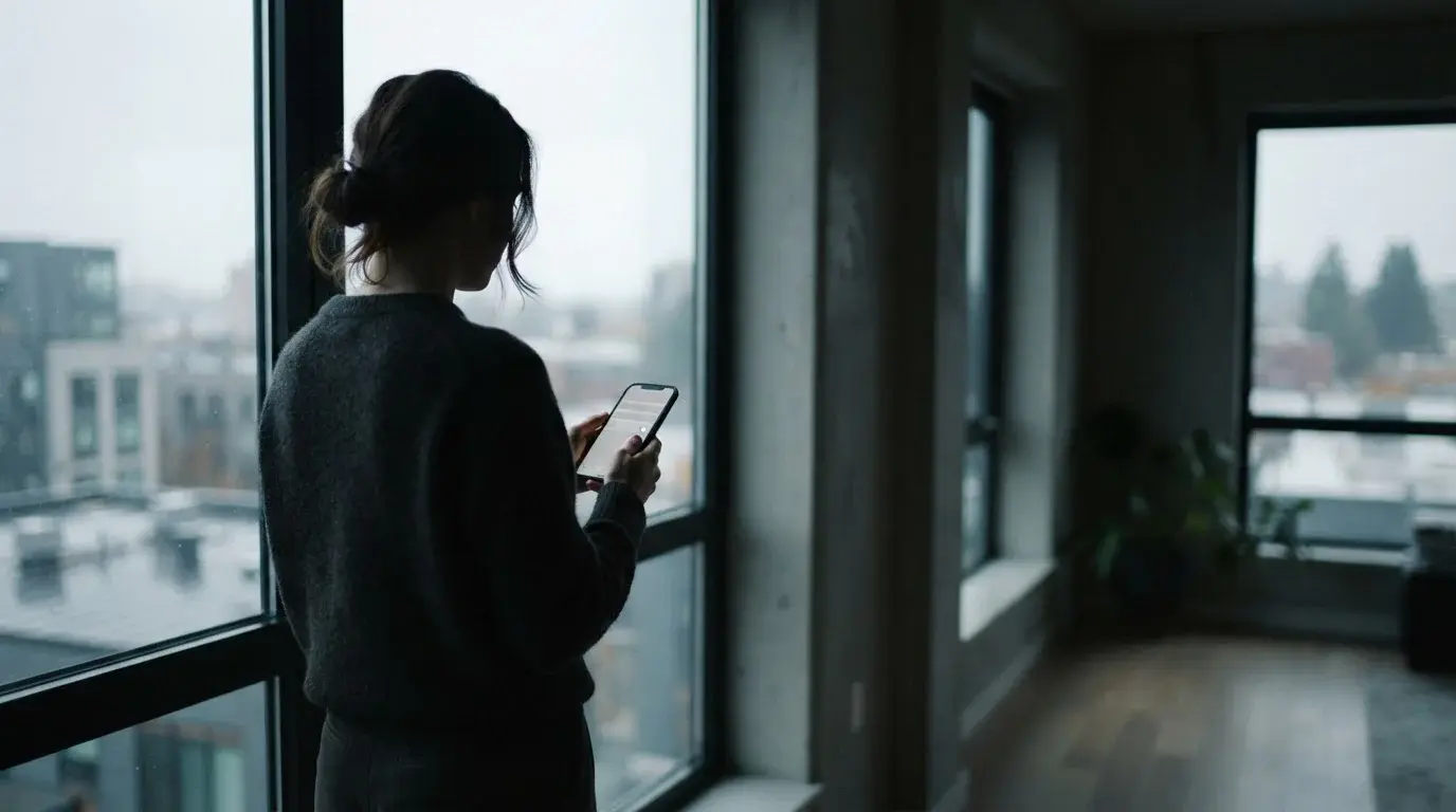 Silhouette einer Person am Fenster mit Smartphone in der Hand