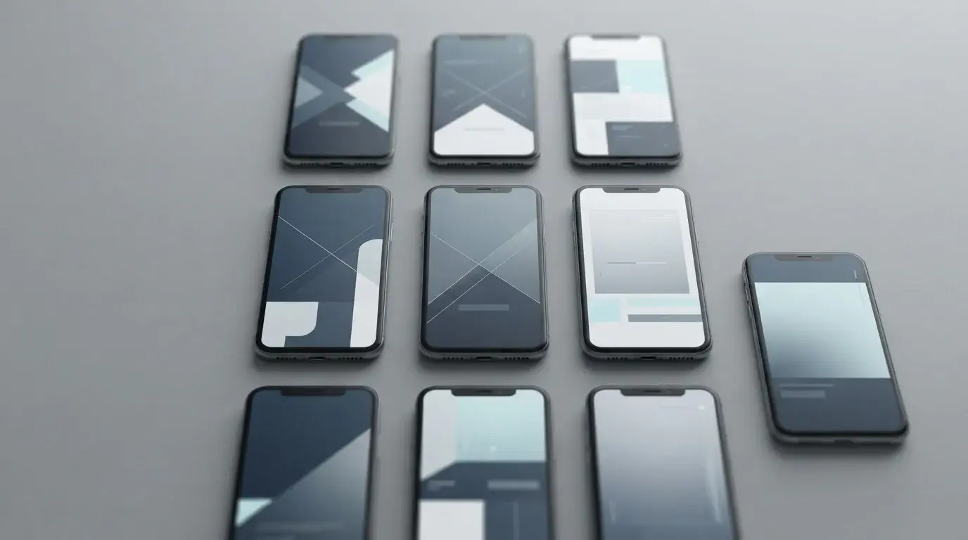Mehrere Smartphones nebeneinander mit verschiedenen neutralen App-Oberflächen