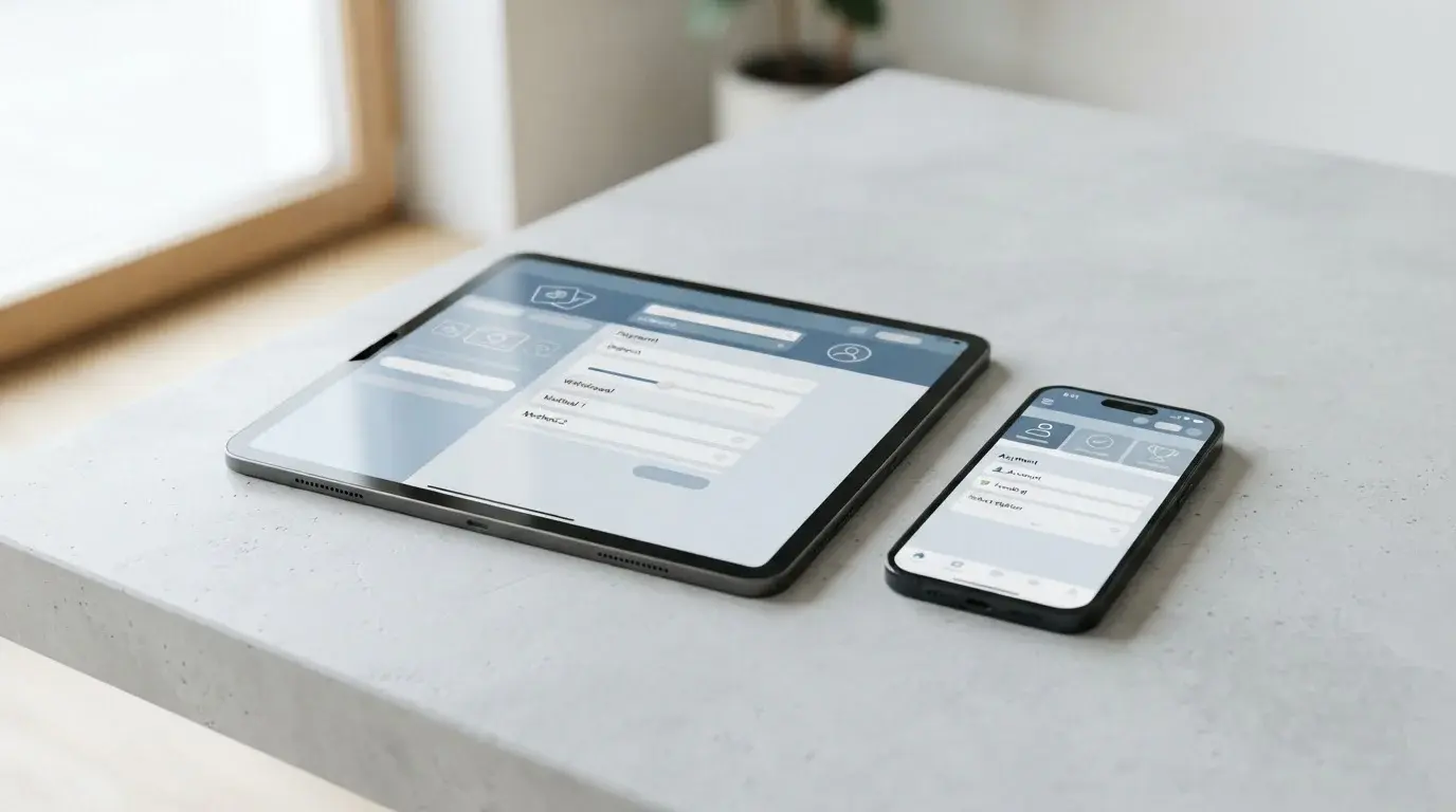 Verschiedene Geräte zeigen neutrale Wettanbieter-Interfaces für Banküberweisungen