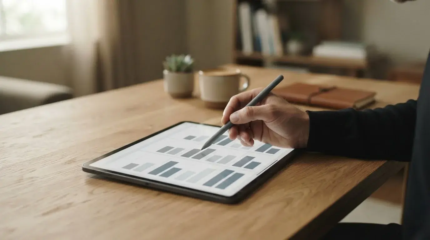Vergleichstabelle mit abstrakten Datenreihen auf Tablet-Bildschirm
