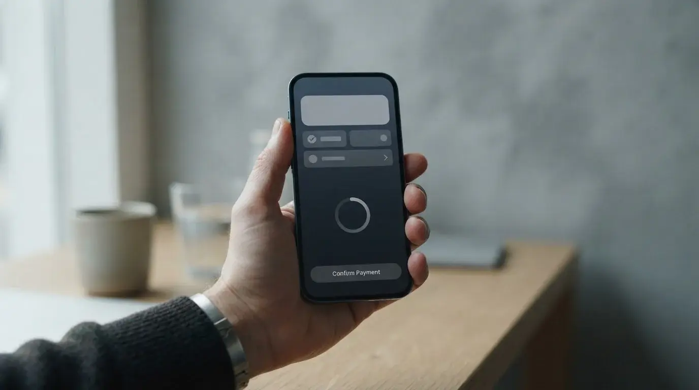 Smartphone mit digitaler Zahlungs-App in der Hand einer Person