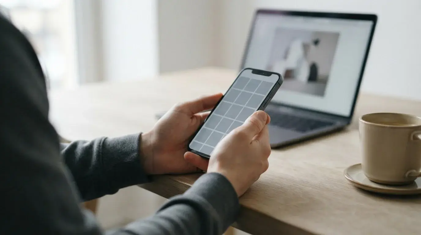Hände am Smartphone vor einem Laptop symbolisieren die Wahl der Zahlungsmethode